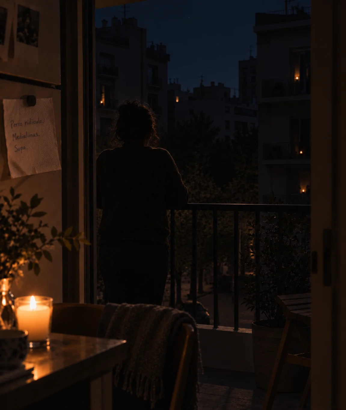 Una persona mira la ciudad de noche desde un balcón, con una vela encendida cerca.